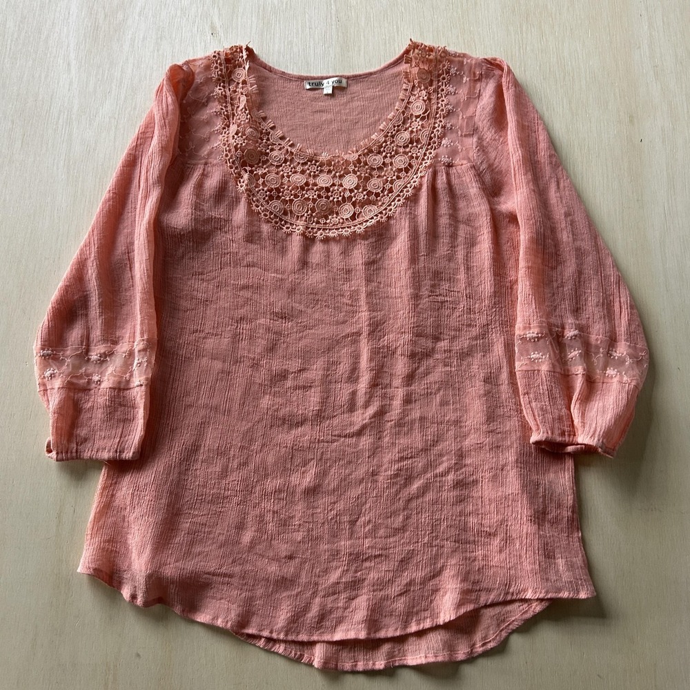 Truly 4 You Blouse Womens Large Pink Crochet Lace 3/4 Sleeve Tunic Top Boho